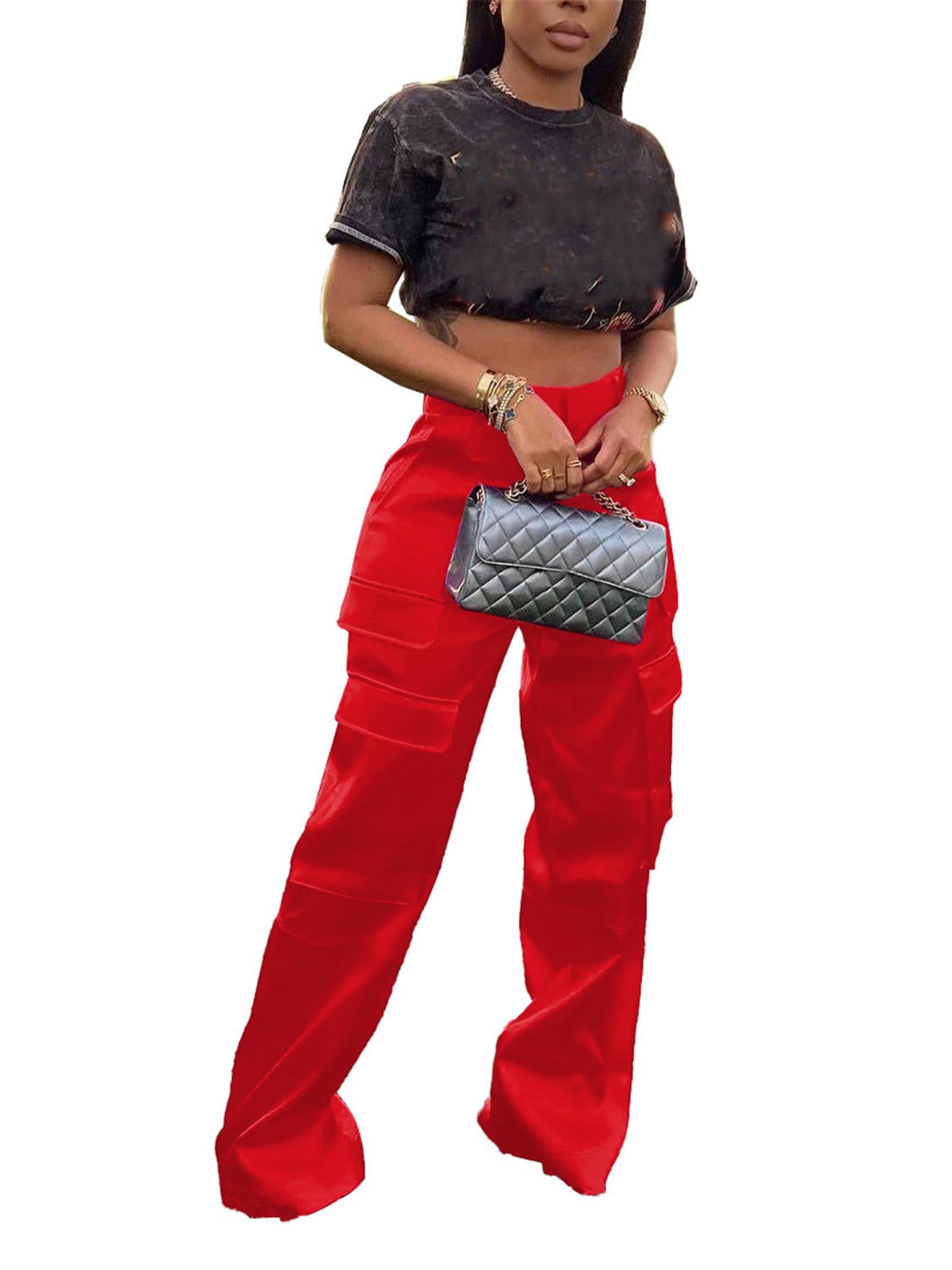 CALEBGARWomens Cargo Pants Casual High Wasited Wide Leg Parachute Pants with Pockets