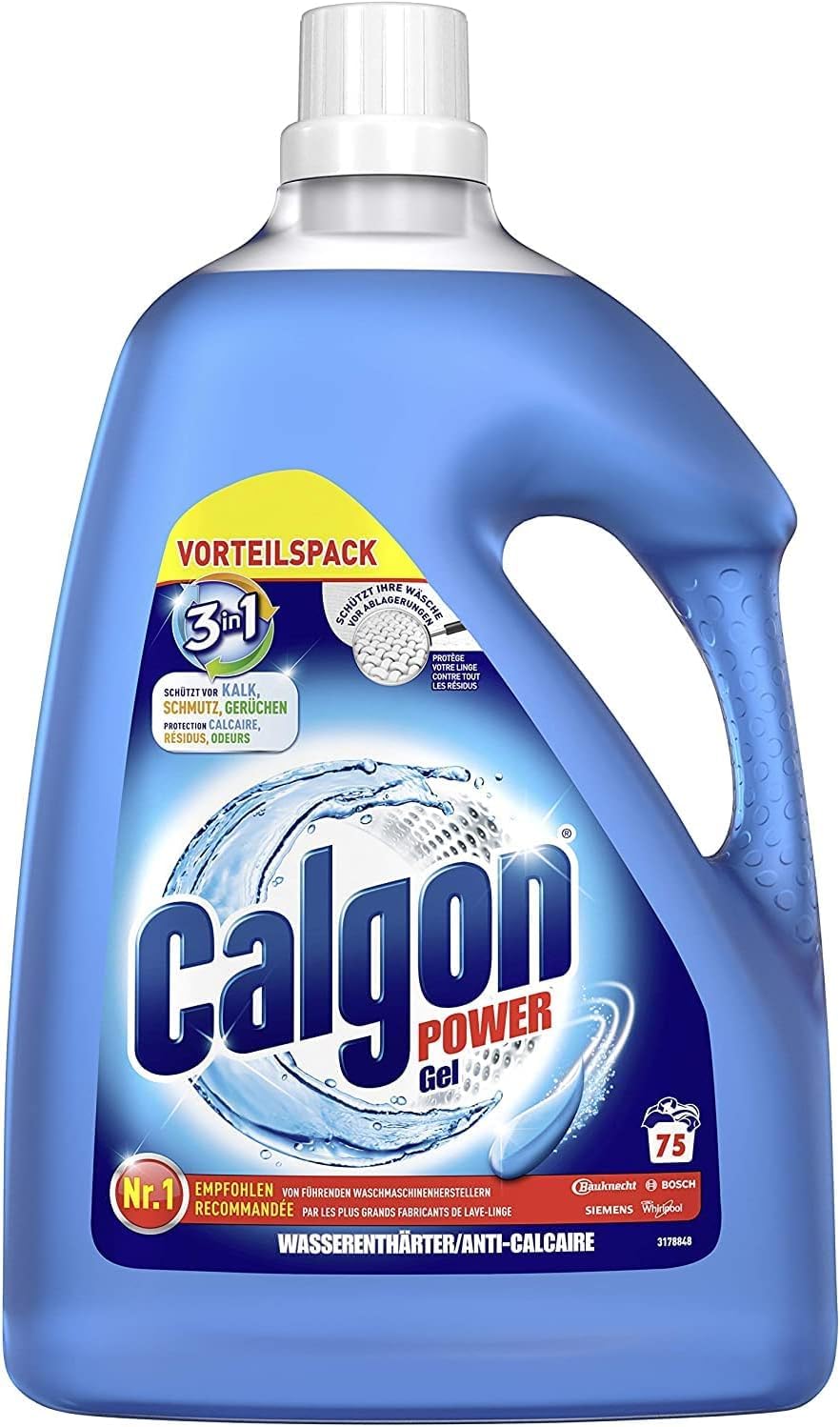 Calgon 3-in-1 Power Gel – Waschmachinen-Entkalker gegen Geruch, Kalk und Schmutz – Schützender Wasserenthärter für die Waschmaschine – 4 x 3,75L