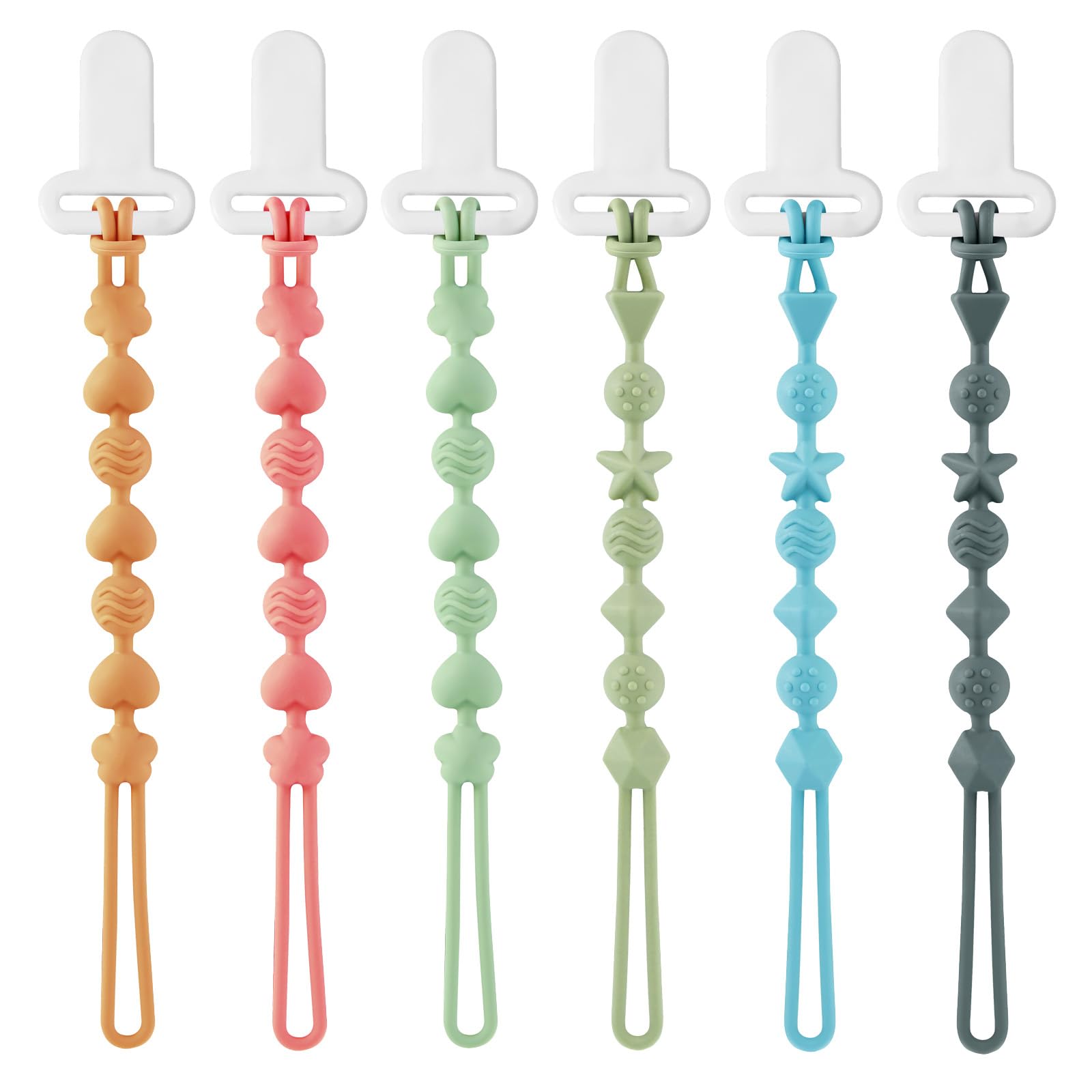 PandaEar 6 Pack Silicone Pacifier Clips, One Piece Design Teething Pacifier Holder Clip, Neutral Baby Paci Clips Boys & Girls, Binky Clips Pacifier