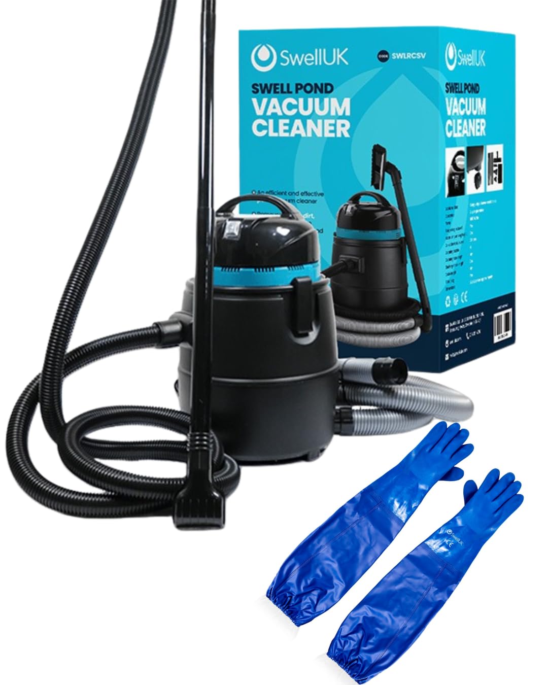Swell UK 1400W Pond Vacuum Cleaner & Heavy-Duty Gloves | Underwater Sludge & Debris Remover with 25L Tank Volume | Including 2m Discharge Hose & 3x Cleaning Nozzles – 2 Year Guarantee