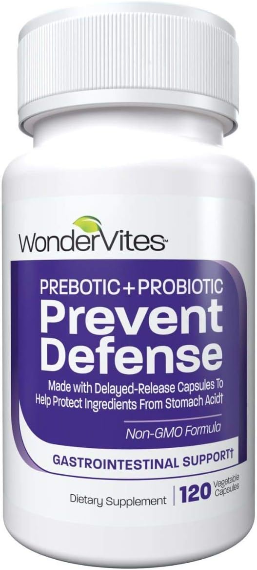 WonderVites Prevent Defense Probiotic + Prebiotic Formula For Immune & Digestive Support, Clinically Tested Ingredients: PreforPro & DE111, Prebiotic/Probiotic Supplement for Women & Men, 120 Capsules