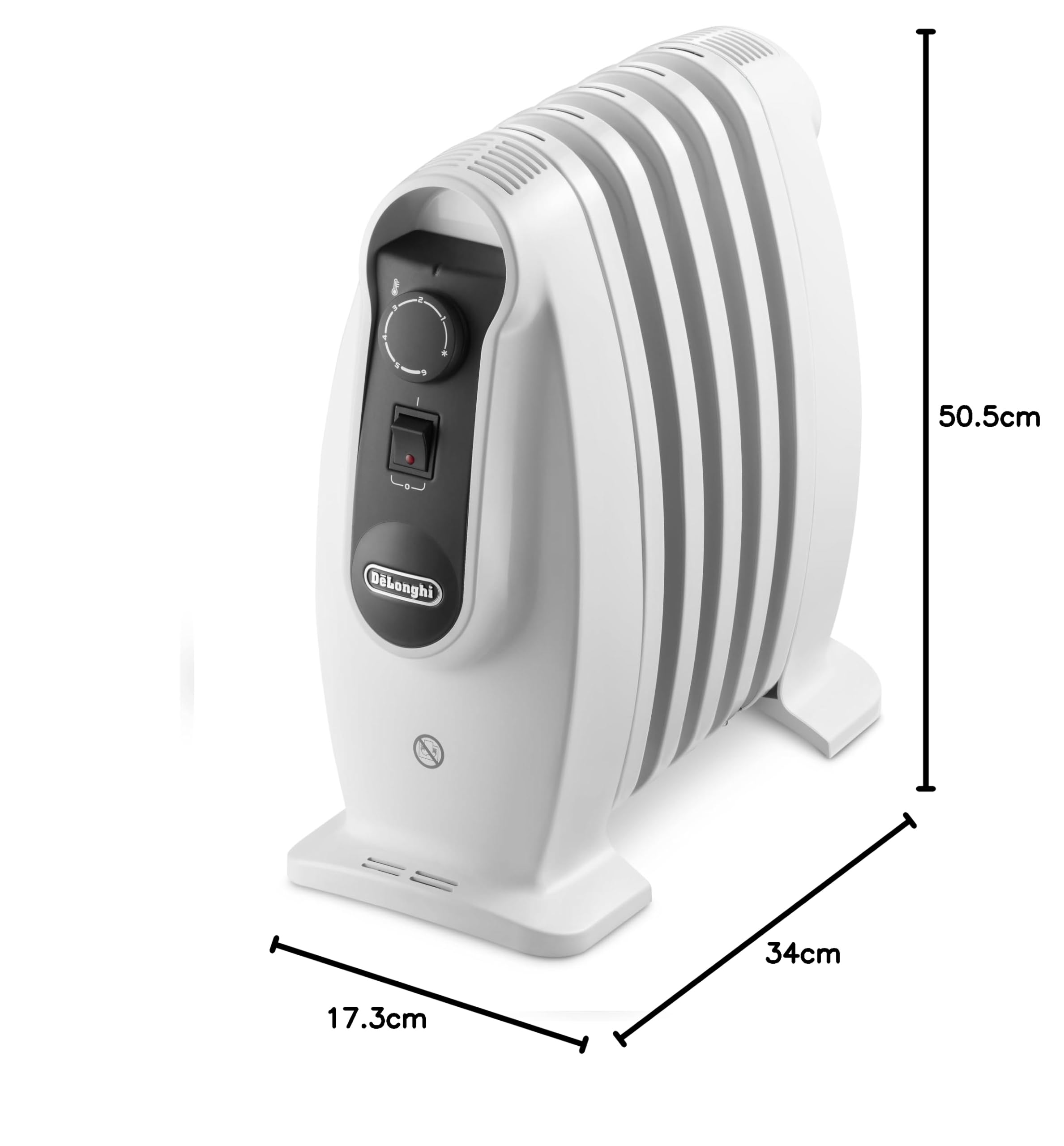 De'Longhi Serie Nano TRNS0505M Radiatore ad Olio Elettrico, 5 elementi, Calore a Lungo, Manopole Intuitive, per Ambienti fino a 15m³, Silenzioso, 500watt, Maniglia e Piedini, Bianco