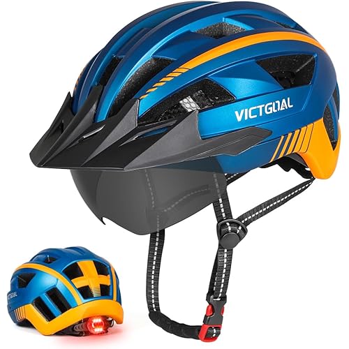 VICTGOAL Bike Helmet for Men Women with Led Light Detachable Magnetic Goggles Removable Sun Visor Mountain & Road Bicycle Helmets Adjustable Size Adult Cycling Helmets