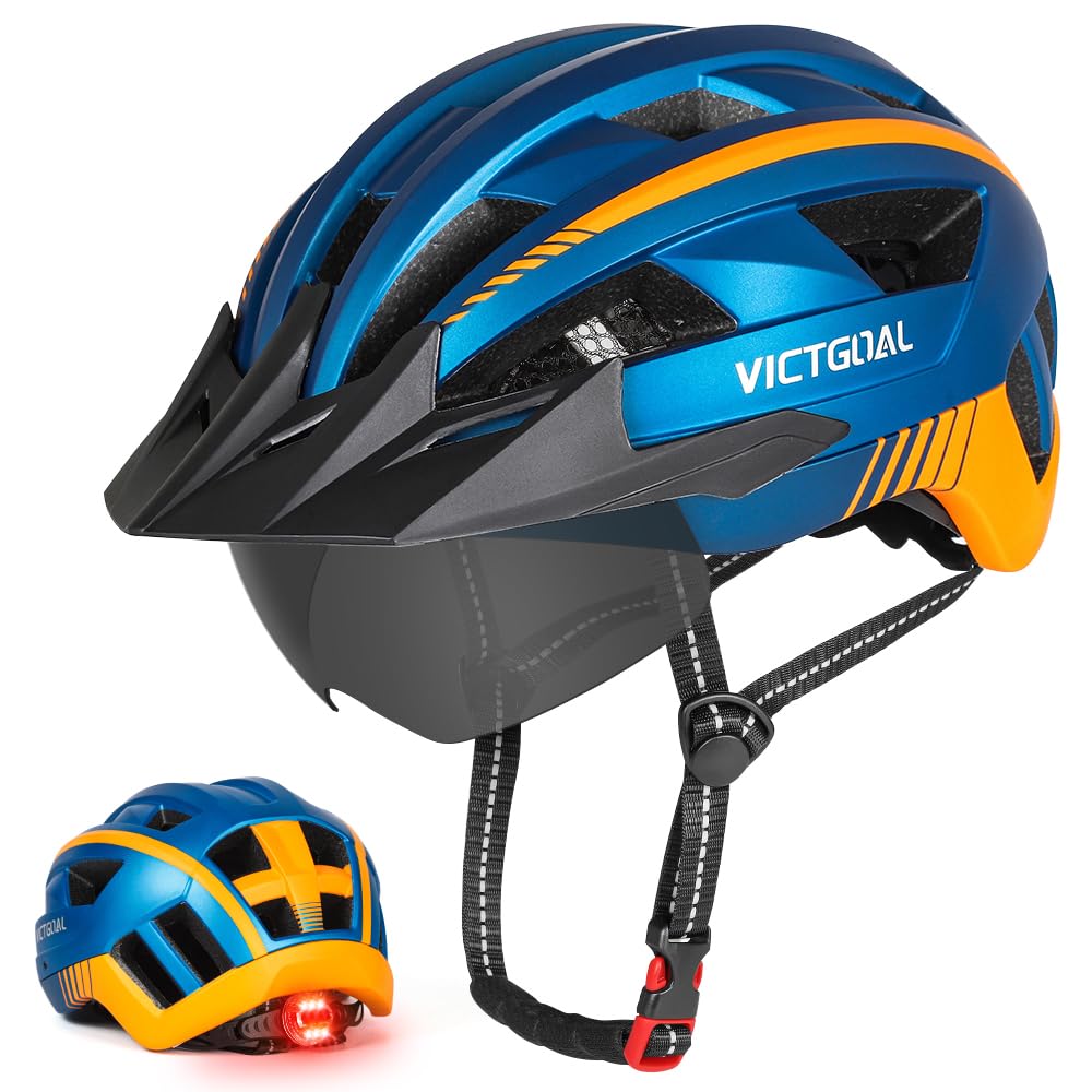VICTGOAL Bike Helmet for Men Women with Led Light Detachable Magnetic Goggles Removable Sun Visor Mountain & Road Bicycle Helmets Adjustable Size Adult Cycling Helmets