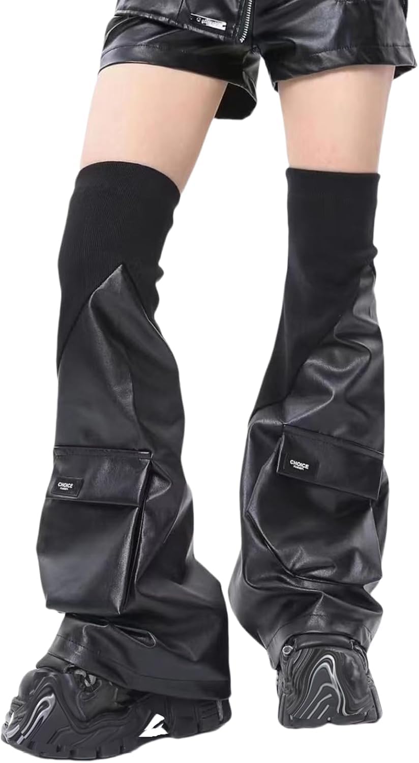 ThiCc Gothic PU Leathers Leg Warmers with Pocket for Women - Punk Y2k Grunge Emo Rave Harajuku Gyaru Flared Leg Sleeves Baggy Cuffs Ankle Heaped Socks Kawaii Streetwear
