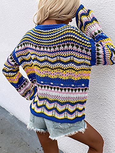 Womens Striped Crochet Sweaters Lightweight Crewneck Multicolor Trendy Y2k Long Bell Sleeve Knit Pullover Tops3