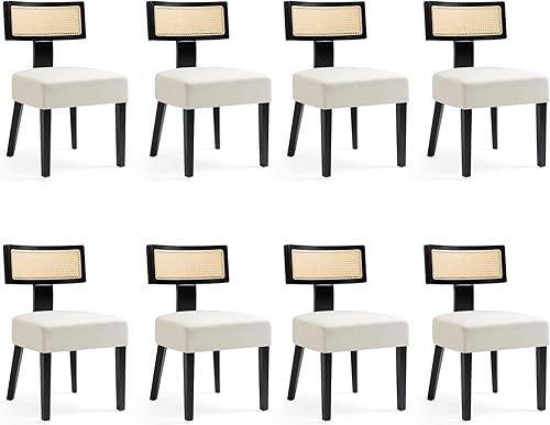 Miniatura 21 de Juego de 4 sillas de comedor tapizadas de ratán, sillas de comedor estilo de mediados de siglo moderno con tela, con estructura de madera dura Marco