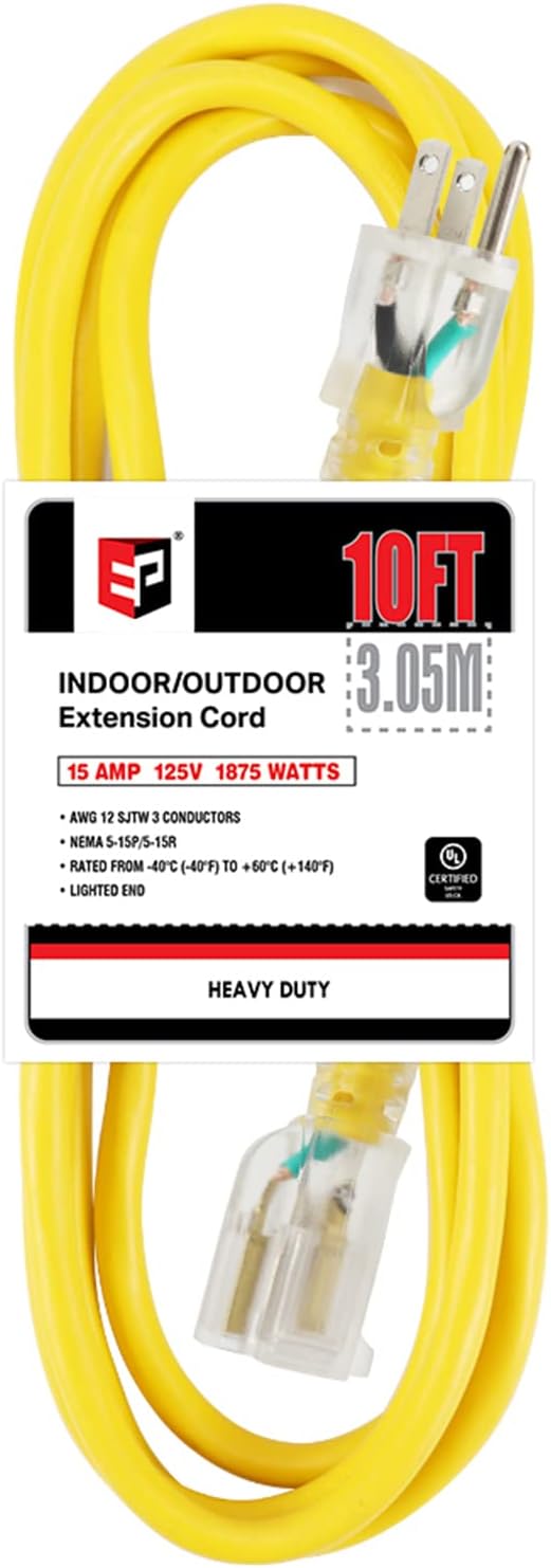 EP 10 Ft Lighted Outdoor Extension Cord 12/3 SJTW Heavy
