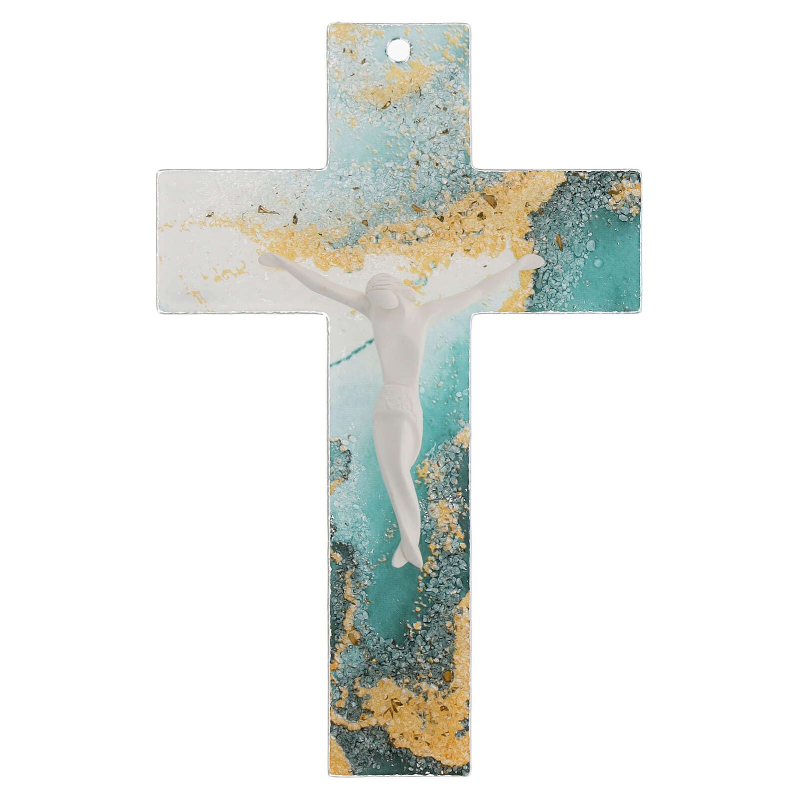 Holyart Croce marmorizzata verde oro vetro Murano 20x15 cm
