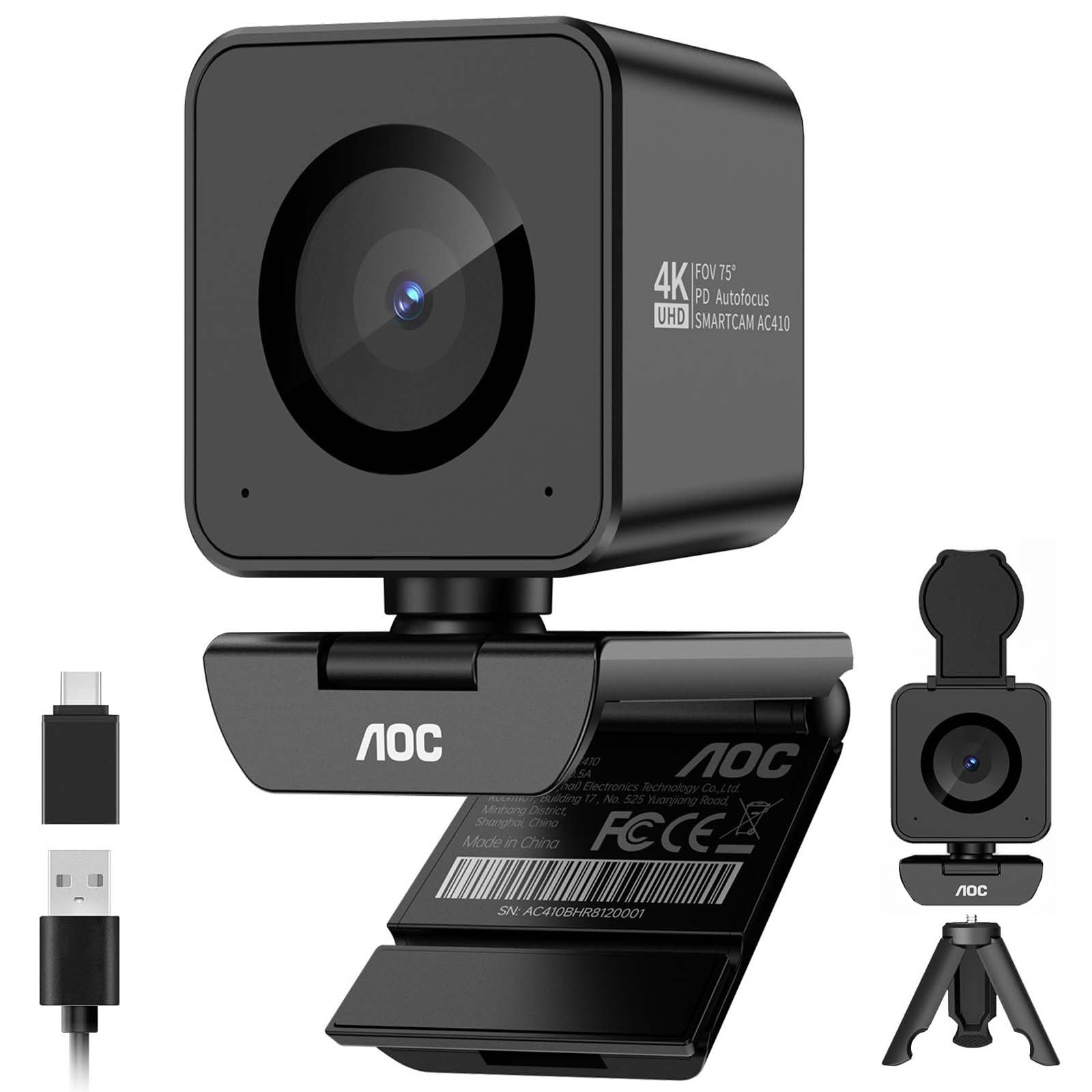 AOC WEBカメラ 4K 1200万画素 IMX363センサー搭載 PDAF 高速オートフォーカス F1.8大口径 1080P 60FPS ウェブカメラ マイク内蔵 プライバシーカバー 画角75° 三脚穴対応 USB PCカメラ ビデオ通話/WEB会議/動画配信/Zoom/Skype対応 (AC410)