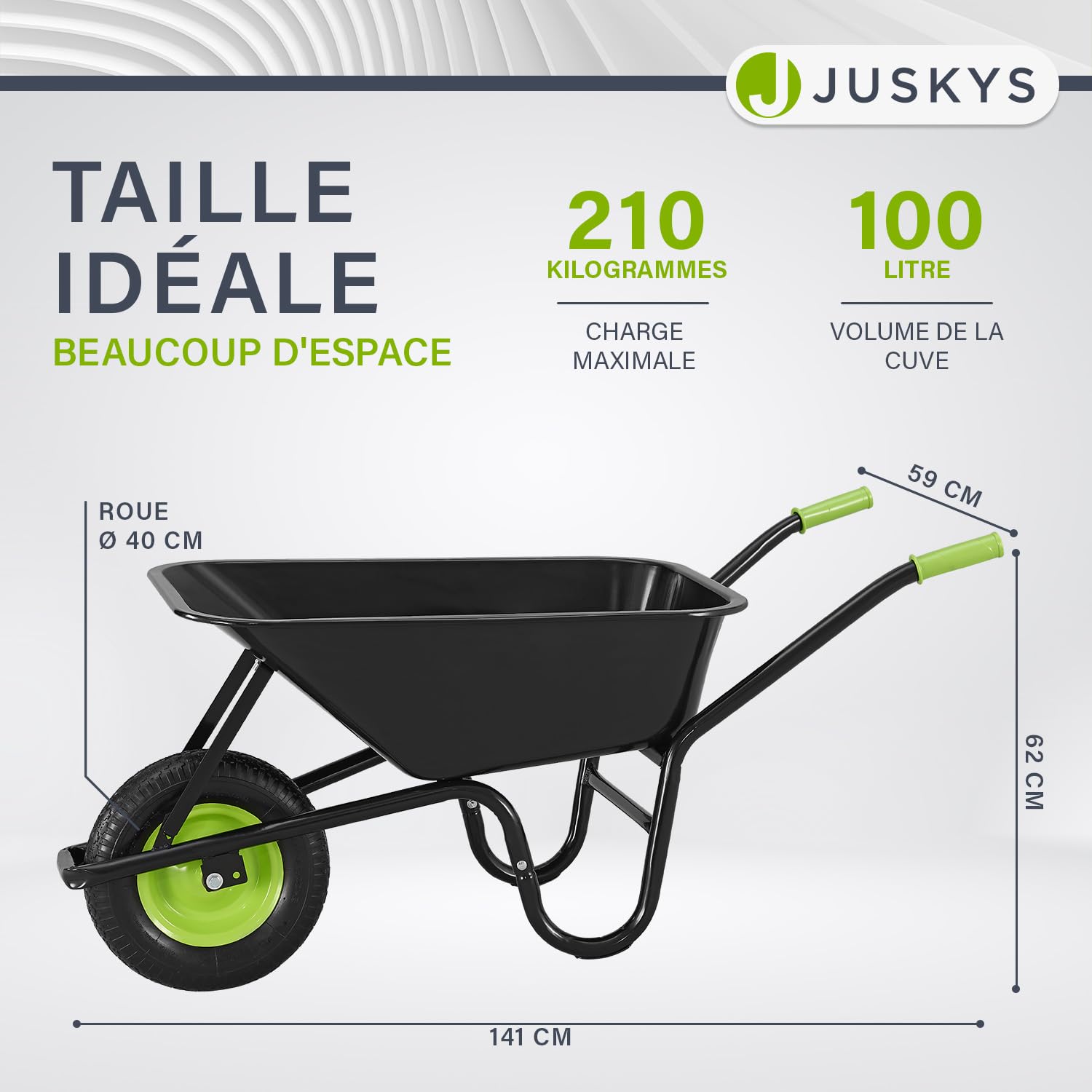 Juskys Carretilla de 100 l, 250 kg, con bañera galvanizada, neumáticos de aire y llanta de metal, carretilla de jardín estable y carretilla de jardín, color negro