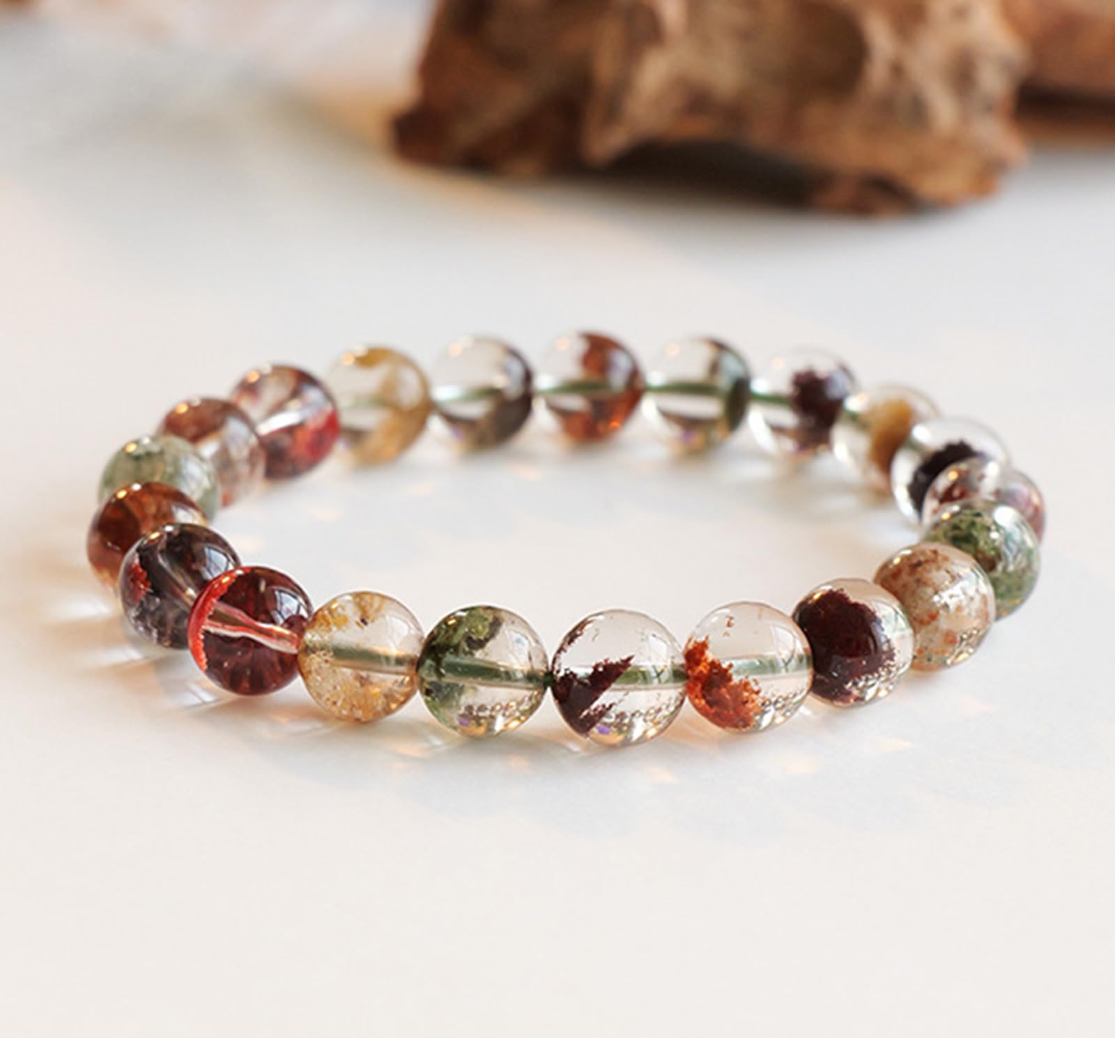 Armband aus Naturkristallen | Phantomquarz-Armband der Vier Jahreszeiten | Handgefertigte Energiequarz-Perle | Vintage-Schmuck für Damen und Herren,7~8mm