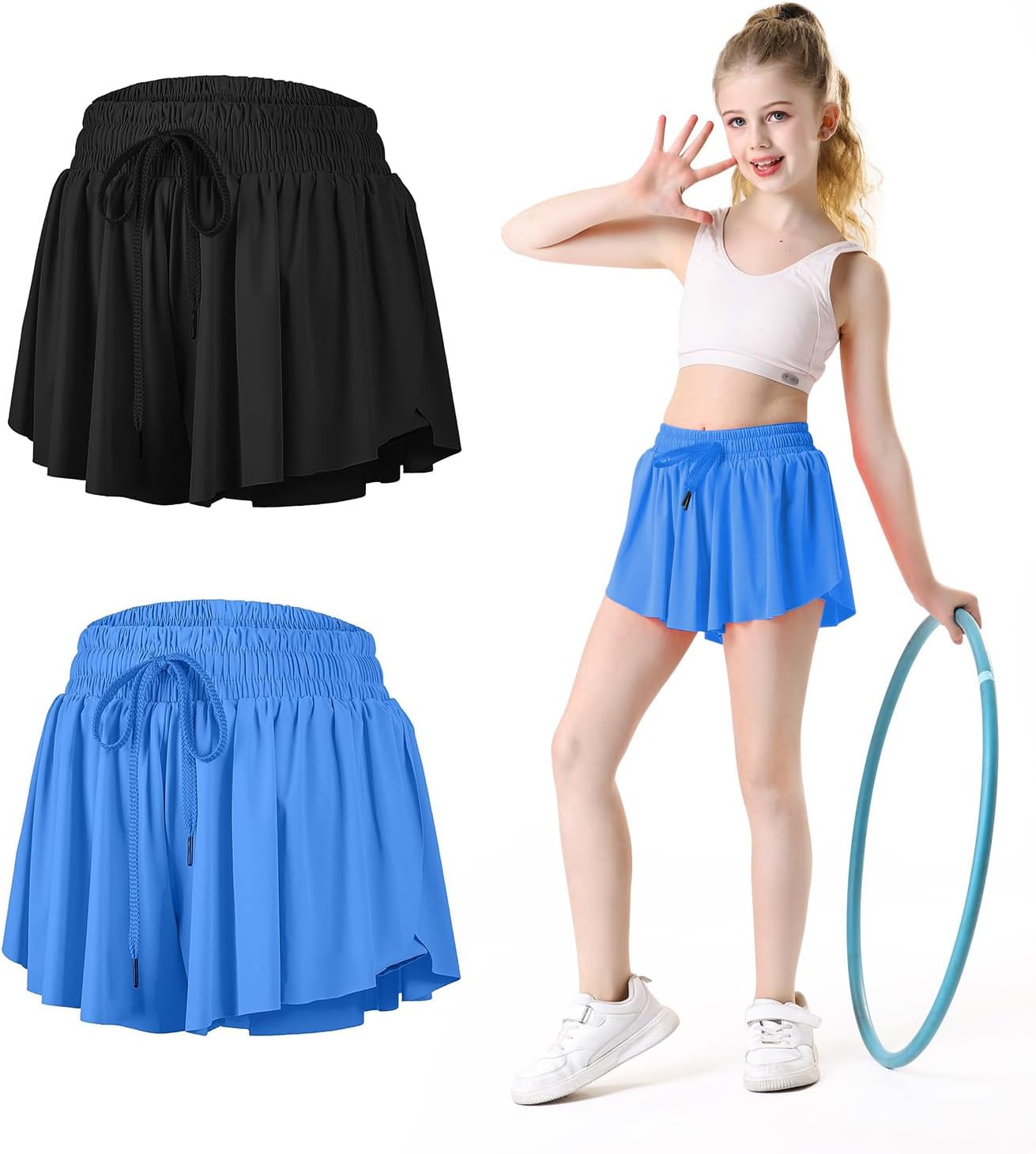 Edenfox Butterfly Shorts Girls, 2 in 1 Girls Athletic Flowy Shorts with Spandex Liner, Active Wear for Kids