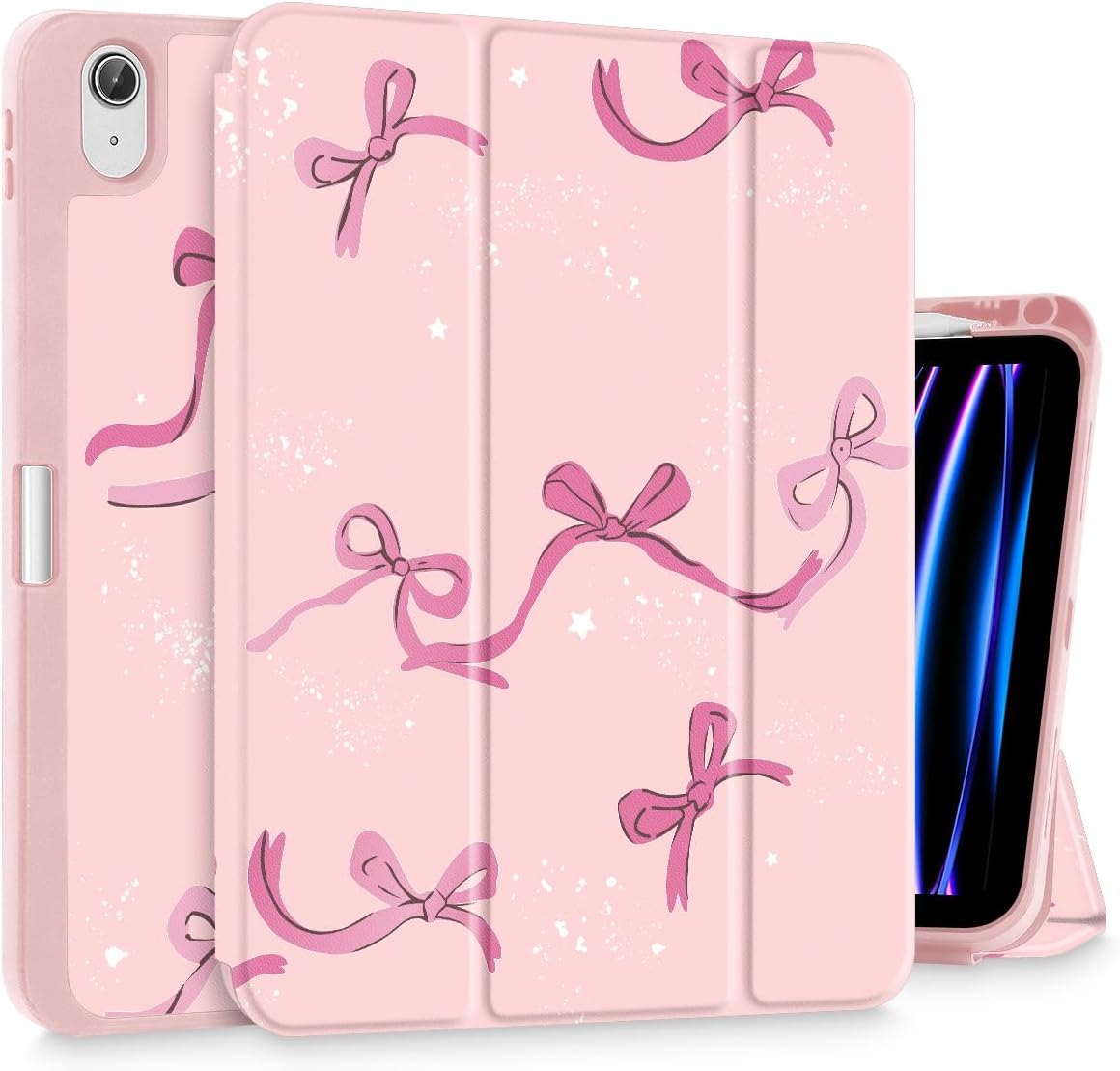 Tuiklol for iPad 10.2 Inch 2021 2020 2019 Release 9th / 8th / 7th Generation Case, Built-in Pencil Holder TPU Protective Stand Back Cover Trifold Stand-Auto Wake/Sleep, Bow-Pink