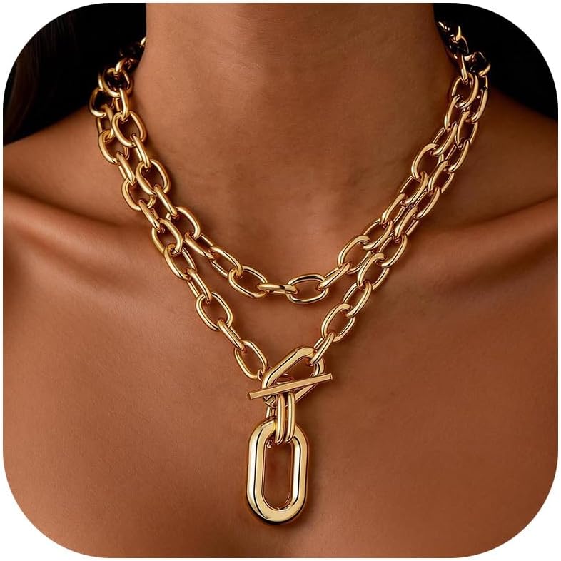 Chunky Gold Necklace Stack Chain Necklaces for Women Statement Layered Paperclip Choker Necklaces Statement Necklace for 80s 90s & Night Out Outfits Paperclip Style Fashion Jewelry