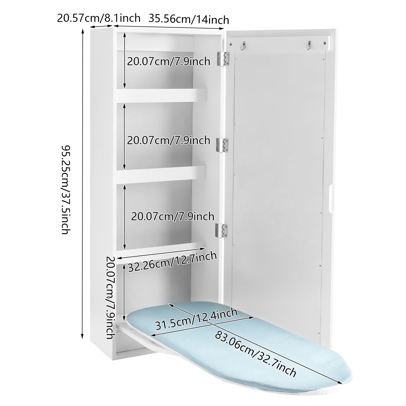 WUSILILU Wall Mount Ironing Board Cabinet, Built-in Swivel Ironing Board Foldable with Storage, Wall Hanging with Mirror, White for Edrooms, Checkrooms, Small Houses, Sewing Rooms, Bedrooms