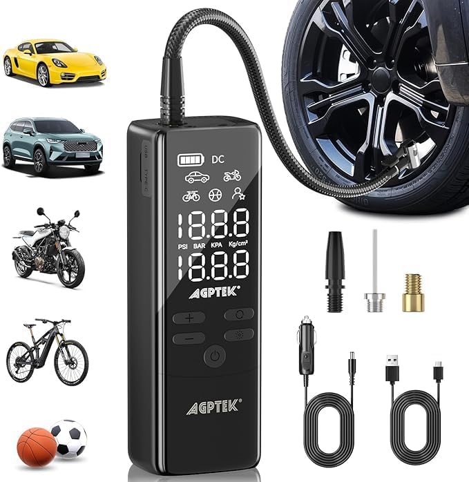 Portable Tire Inflator for Air Compressor,3X Fast Inflation 150PSI, Battery Tire Pump for Car with Storage PROT, AGPTEK Pocket Tire Pump, 5 Mode,LED,Auto-Off for Car,Bike,Motorcycle,Ball