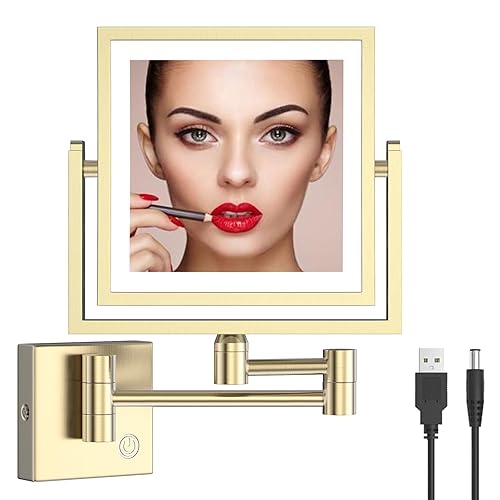 RECKODOR Espejo de maquillaje cuadrado de 8 pulgadas con luces y aumento, 1X3X de doble cara extensible para tocador de baño con luces, espejo de