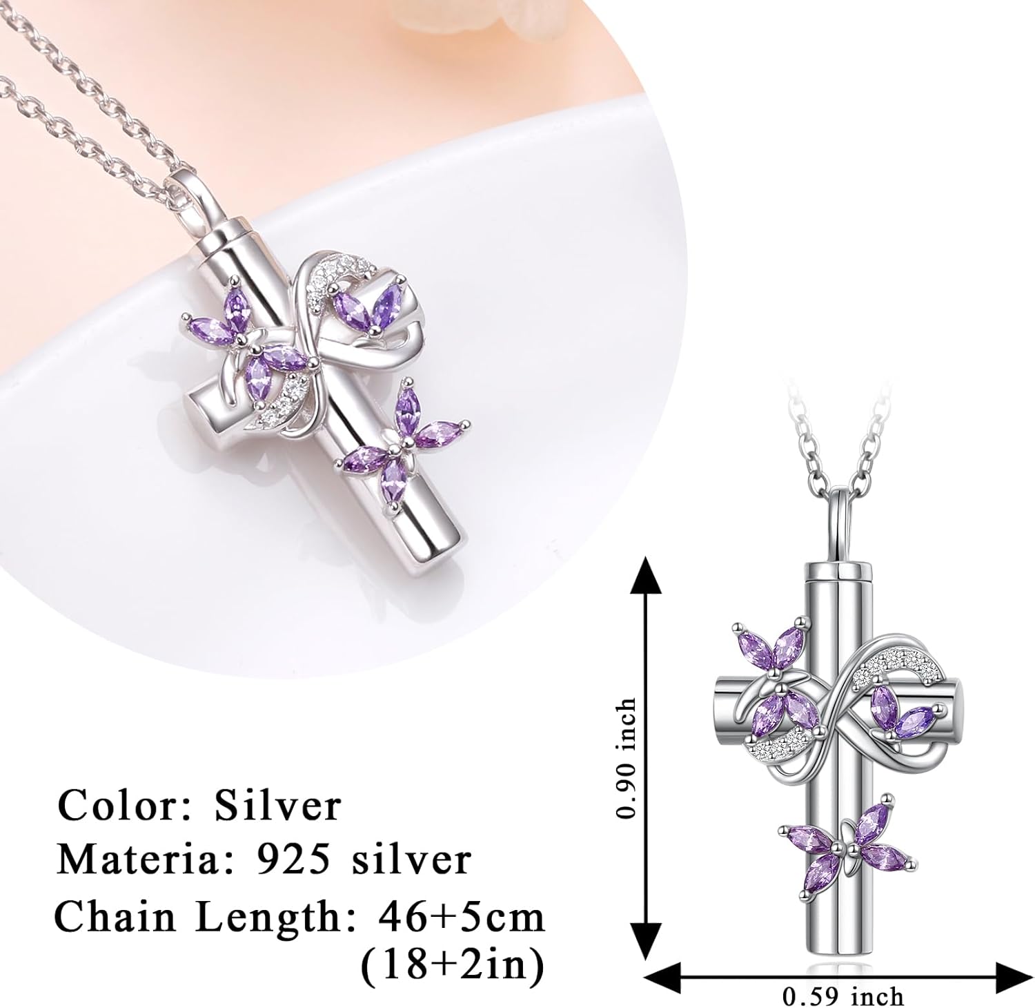 S925 Sterling Silver Butterfly Cremation Jewelry Cross Urn Necklaces for Ashes for Women Memorial Jewelry Ashes Pendant for Human Pet Infinity Ashes Holder Keepsake Necklace for Ashes of Loved Ones - Image 3