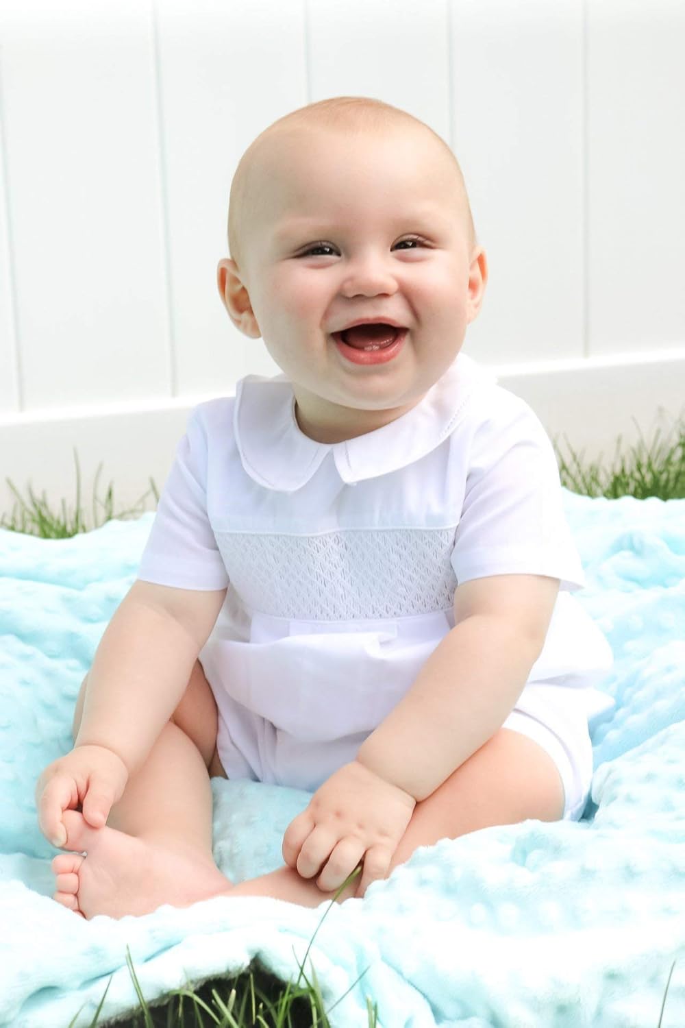 Petit Ami Baby Boys' Romper with Smocking and Faggoting