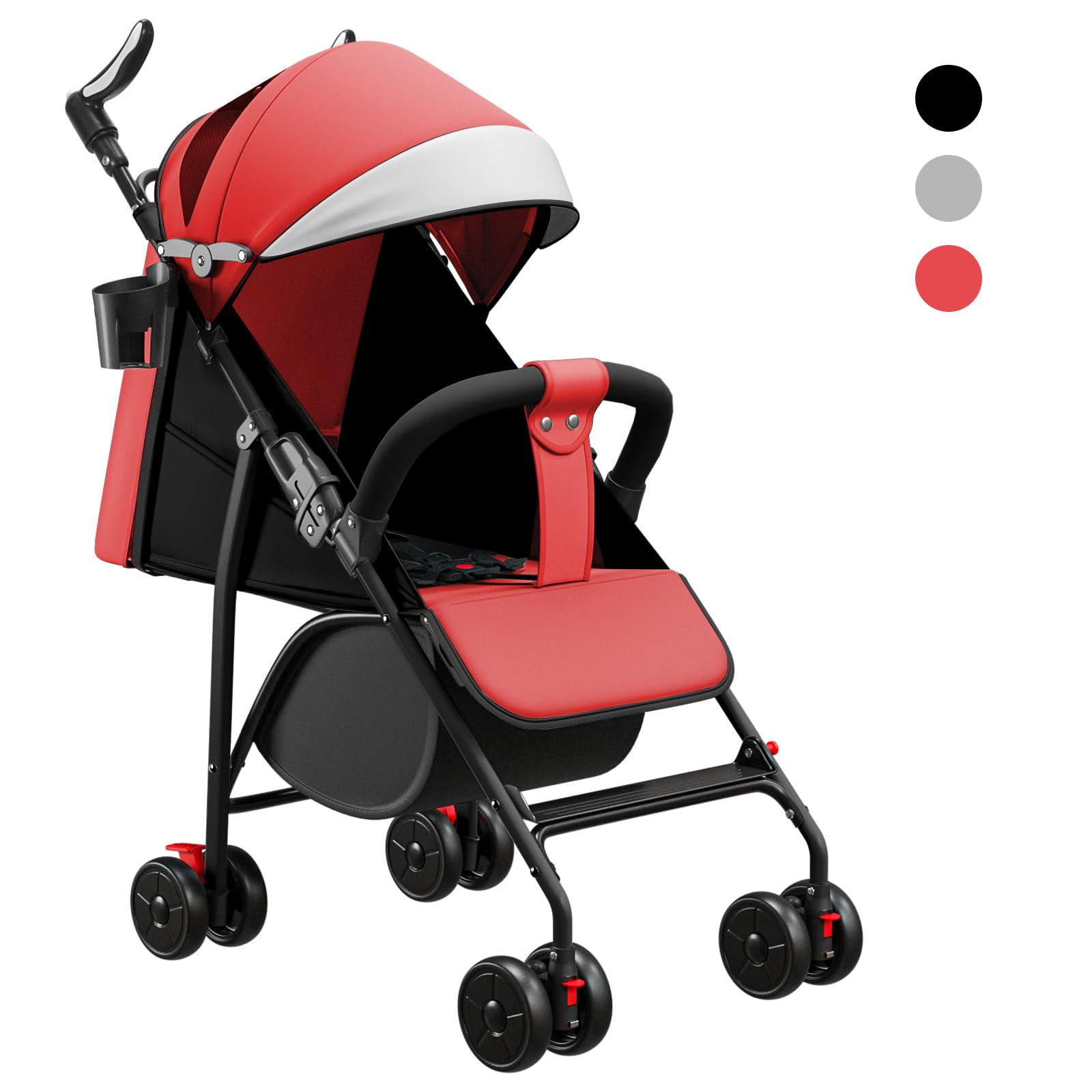 Poussette Légère et Compact, Ultra Légère, Inclinable, Position Landau, Pliage Parapluie, Canopy Ajustable - de la Naissance à 22 Kg,Coussin en coton + moustiquaire, rouge