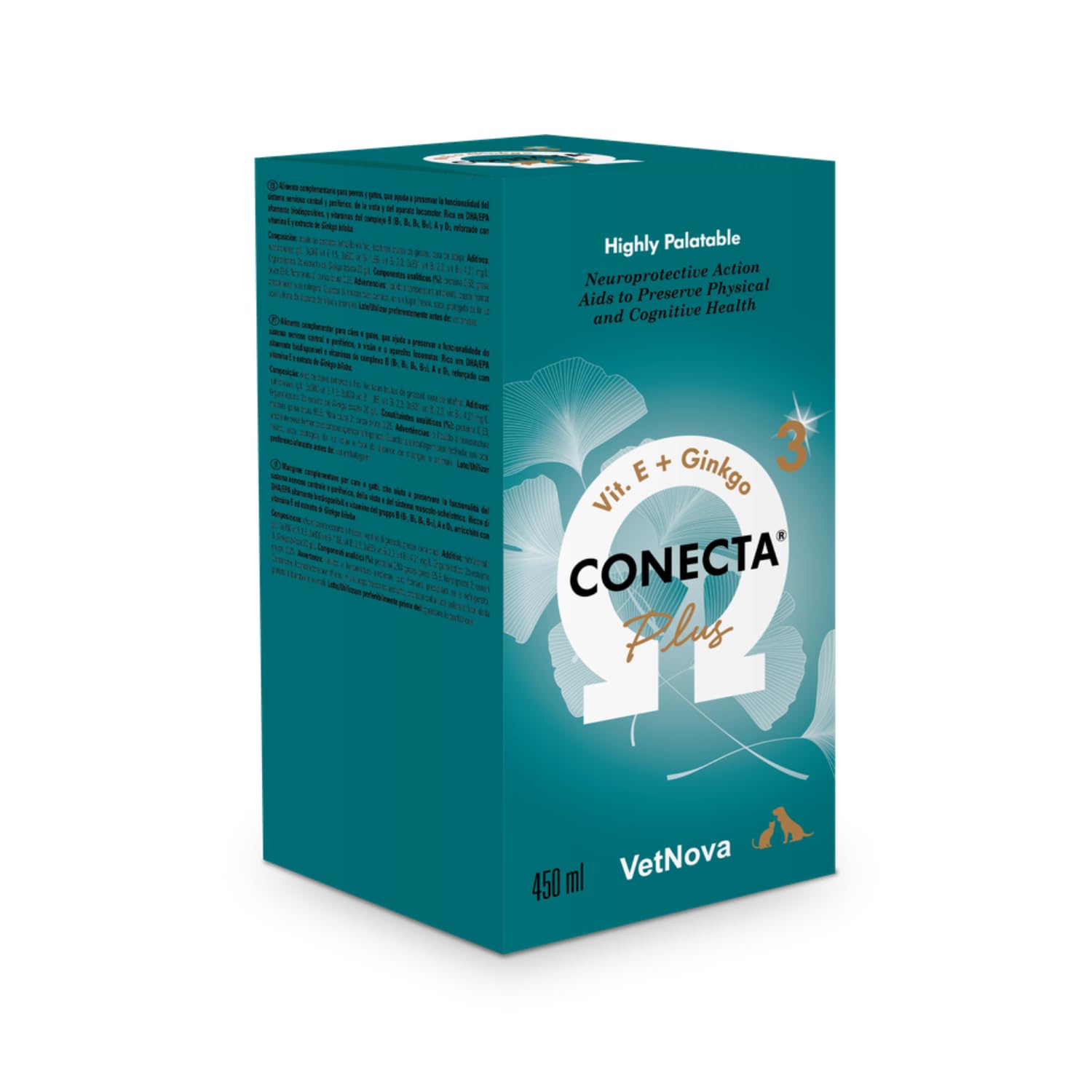 VetNova - Conecta Plus, Solución Oral con Omega-3 (DHA EPA), Vitaminas B, A, D3 y E con Ginkgo Biloba para Perros y Gatos, Ayuda a Preservar la Funcionalidad Cognitiva, Movilidad y Bienestar - 450 ml