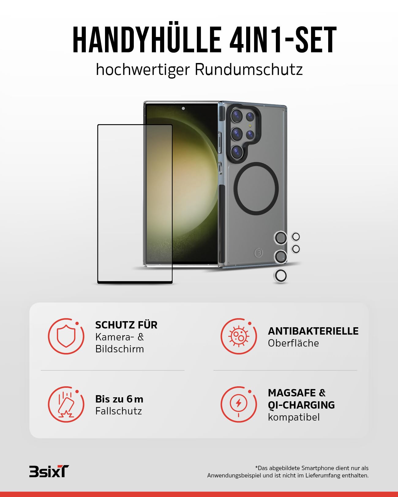 3sixT 70293 Pack de protección 4en1 para Samsung Galaxy S24 Ultra/Estuche Protector Pantalla y cámara/Incluye Funda móvil de Cristal blindado Protector de cámara a Prueba de Golpes/Set 4en1