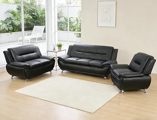 3 Piece Living Room Furniture Set, Sectional Sofa Couches, Black