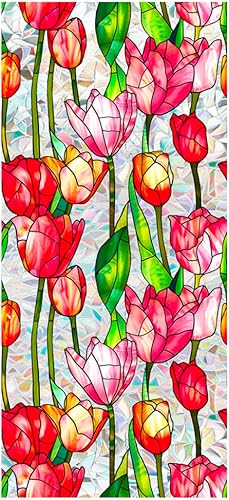 Miniatura 14 de Película de Privacidad de Ventana de Rosetón Retro, Calcomanías de Vidrio Emplomado Rosa Roja Calcomanías de Privacidad Arcoíris Sala de Estar