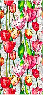 JOONOR Retro Tulip Flowers Window Privacy Film,Stained Glass Decals Colorful Floral Privacy Rainbow Decals Living Room Sun Blocking Decor Removable Static Cling Stickers,16.93 x 39.37 Inch