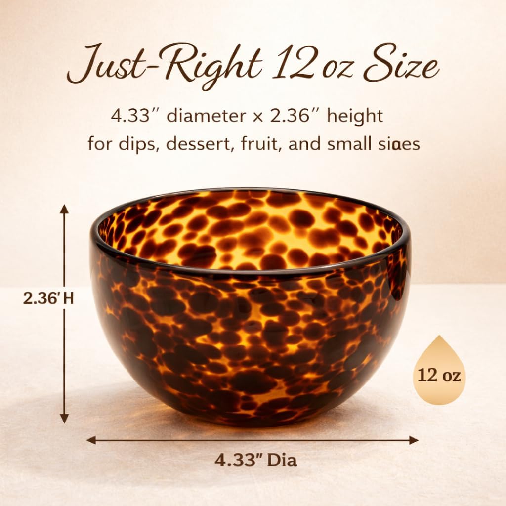 Adkoat® Tortoise Shell Glass Bowls: 12oz Amber Small Serving Bowl - Vintage Decorative Dish - Boho Kitchen Decor Serveware Gift Set: Dessert, Nut, Mise en Place, Jewelry, Charcuterie Board (4 Pack)