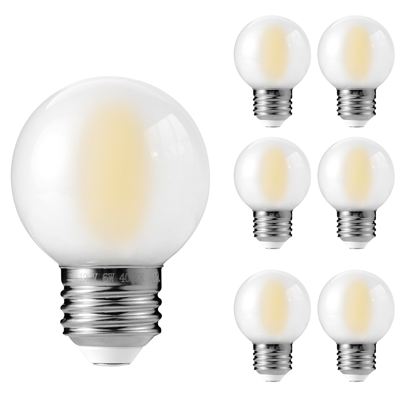 E26 G16 LED Globe Light Bulbs, Small Golf Ball Size Round Bulb, 6W (60W Equivalent) 600 Lumens, 4000K Daylight White, Dimmable, Frosted Glass, for Chandelier, Pendant, Sconce, Lamp – 6 Pack