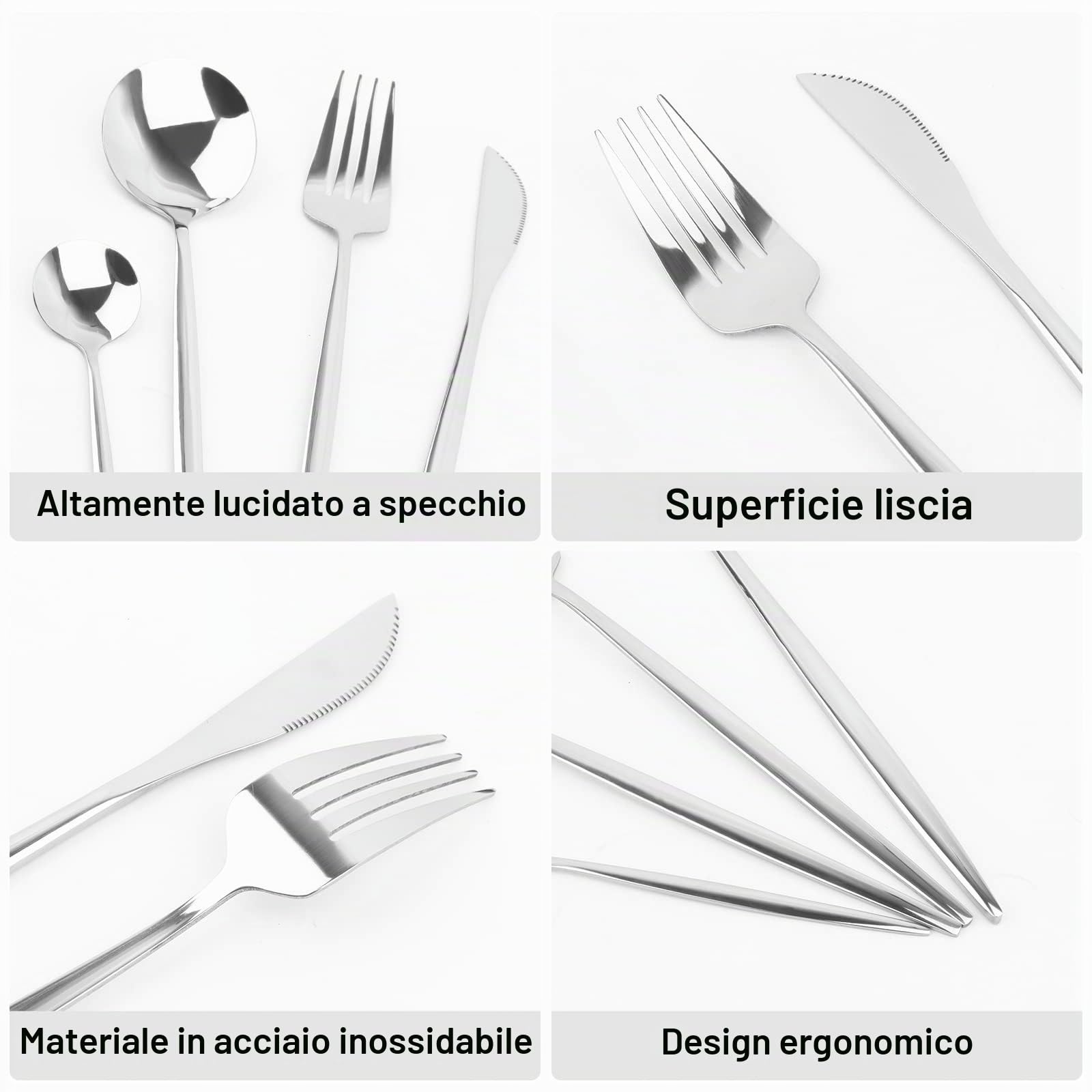 24 Pezzi Set Posate Acciaio Inox 6 Persone con Forchette Cucchiaini Caffe Cucchiaio Lavabili In Lavastoviglie Lucidate a Specchio | Argento