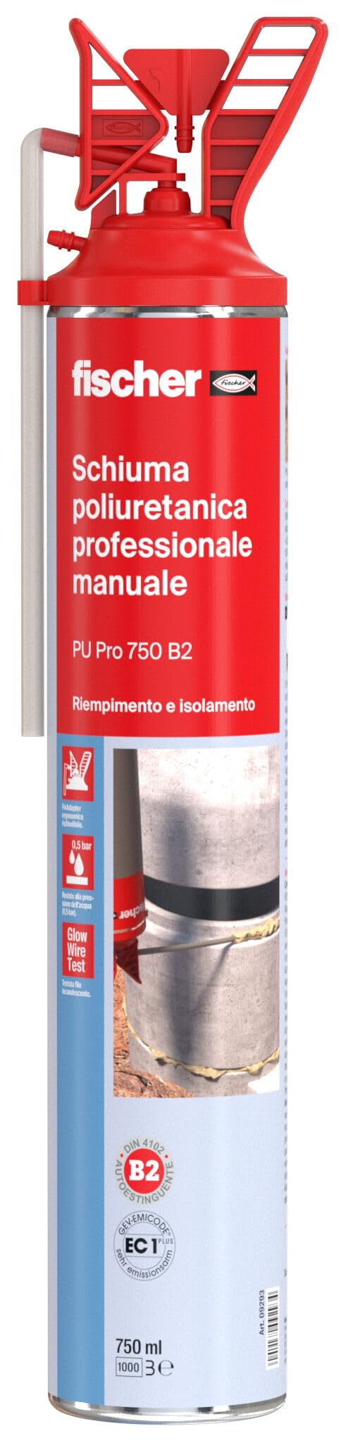 Fischer Schiuma Poliuretanica Professionale PU 750 con Erogatore, Resistente alla Pressione e al Fuoco B2, Riempitiva, Isolante, Sigillante, Espansa, 9293