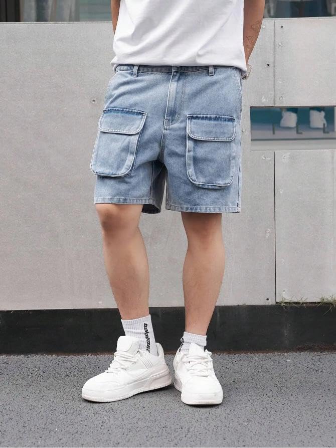 Image of GRECIILOOKS Denim Cargo Shorts for Men Stylish | Washed Jeans Half Pant for Men | Knee Length Cargo Shorts for Mens | Regular Fit Mens Pant Casual, Utility Streetwear Jorts, Travel Summer Wear