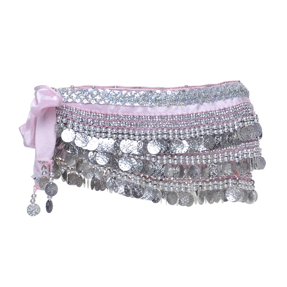 Bellylady Pink Belly Dance Hip Scarf, Multi-Row Silver Coin Dance Skirt, Gift Idea