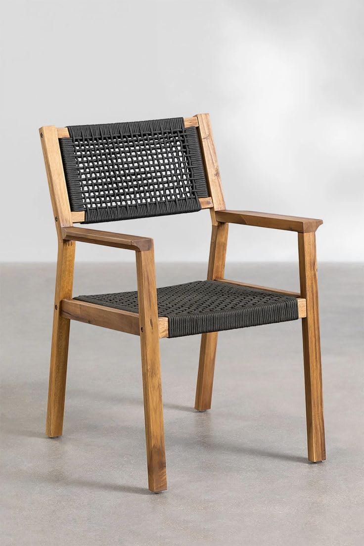 Outdoor Dining Chair with Woven Rope Seat and Back, Acacia Wood Frame, Black-image-47