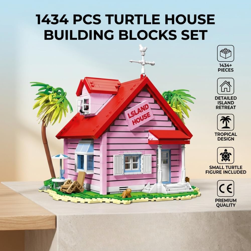 Casa Tropical de la Isla Tortuga | 1434 Piezas | Modelo de Bloques de Construcción | Villa Rosa de Colección | Decoración para Escritorio y Regalo para Fans de Anime