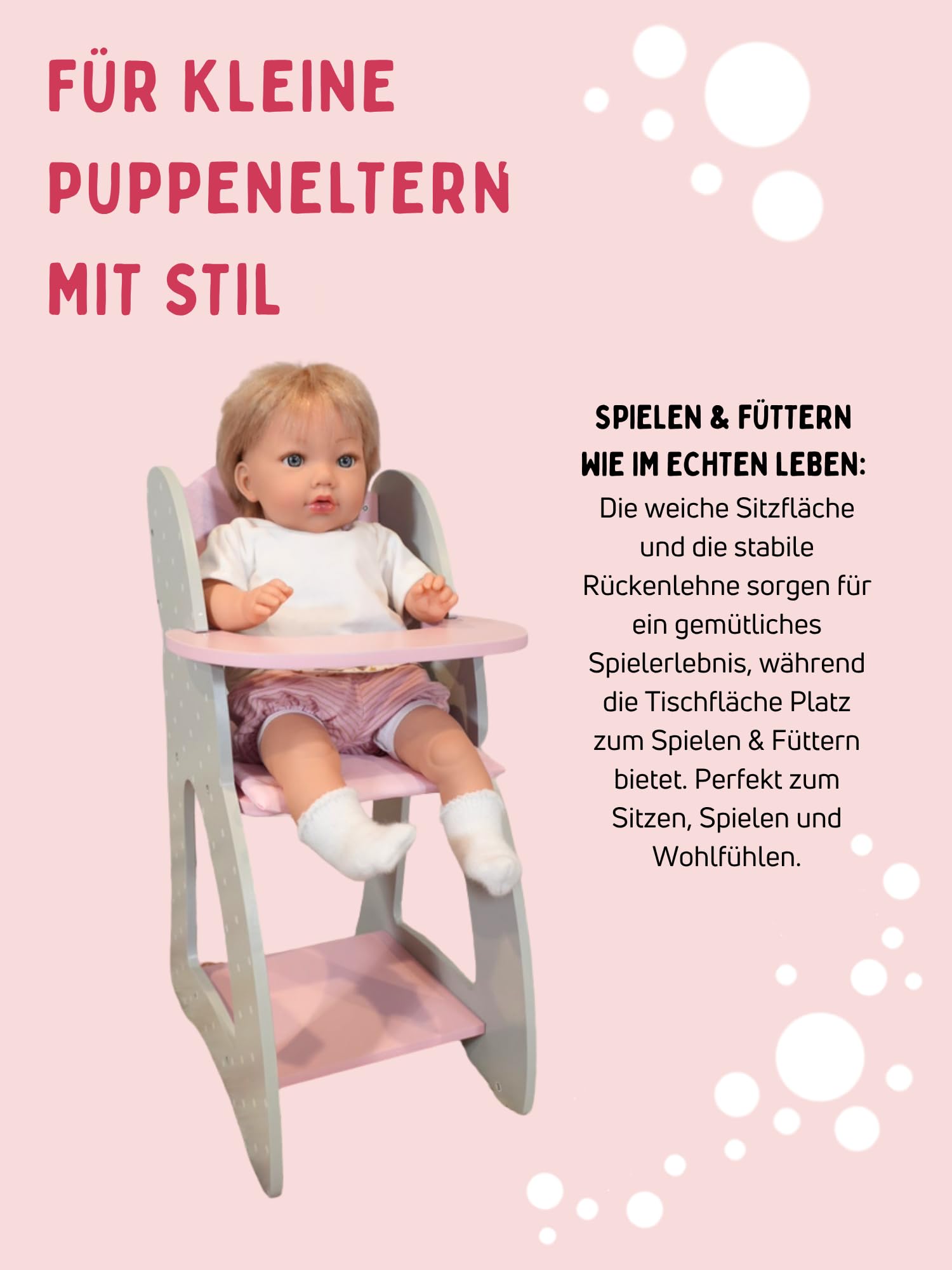 Bayer Chic 2000 - Seggiolone per bambole fino a 46 cm, seggiolone per bambole in legno, mobili per bambole, accessori per bambole, pois grigi