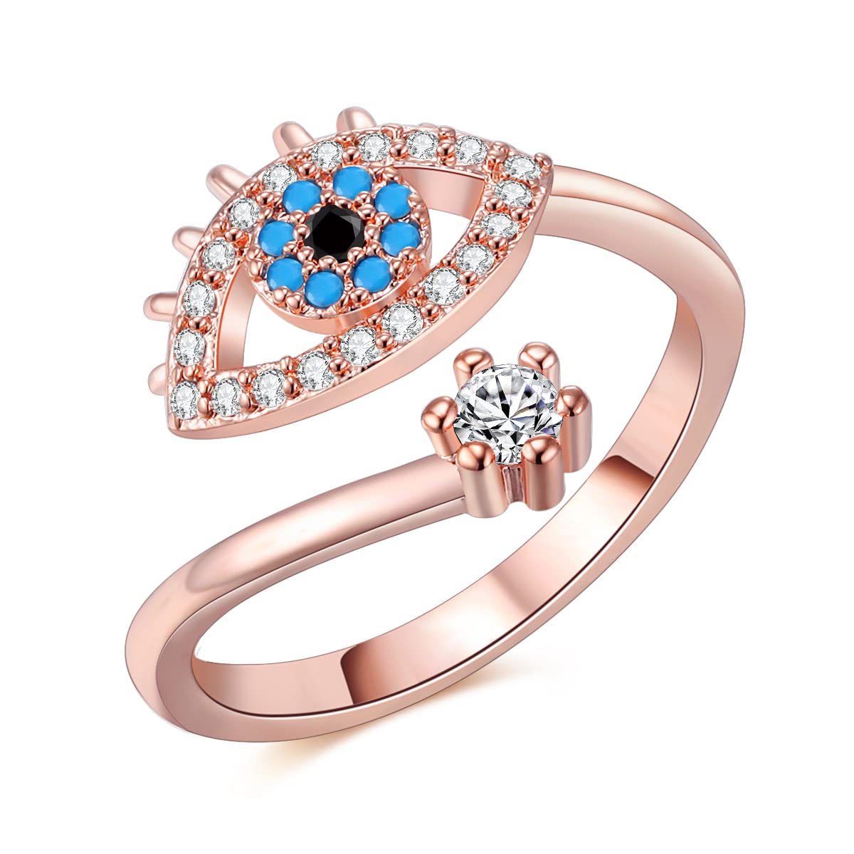 BusiCatEvil Eye Rose Gold Platinum Plated Open Finger Rings for Women Crystal CZ Zircon Fashion Jewelry Female Trendy Gift Adjustable Ring (Rose Gold)
