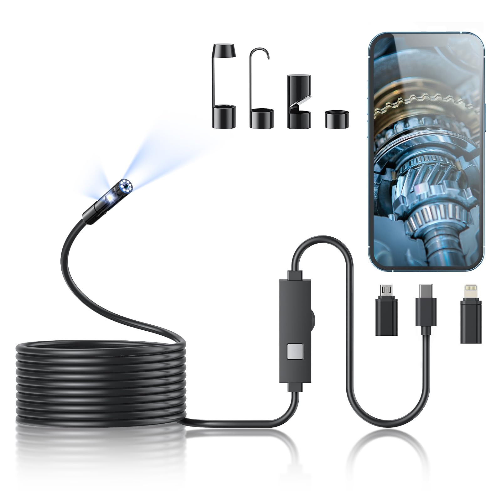 3.9mm Super Slim Borescope for Automotive Inspection, 1080p HD Snake Camera with Light, Flexible Waterproof Inspection Camera for iPhone, Android & Tablet-4.92FT