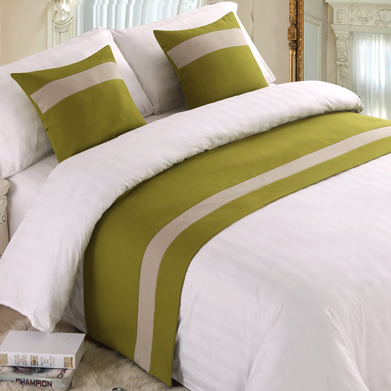 HLASMSPE Bed Runner for Foot of Bed Stripe Pattern Green Decor Bedding Protection Cover Bed Scarf Bed End Towel Bed Mat No Fading Hotel Bedroom Wedding Room, 180x50cm