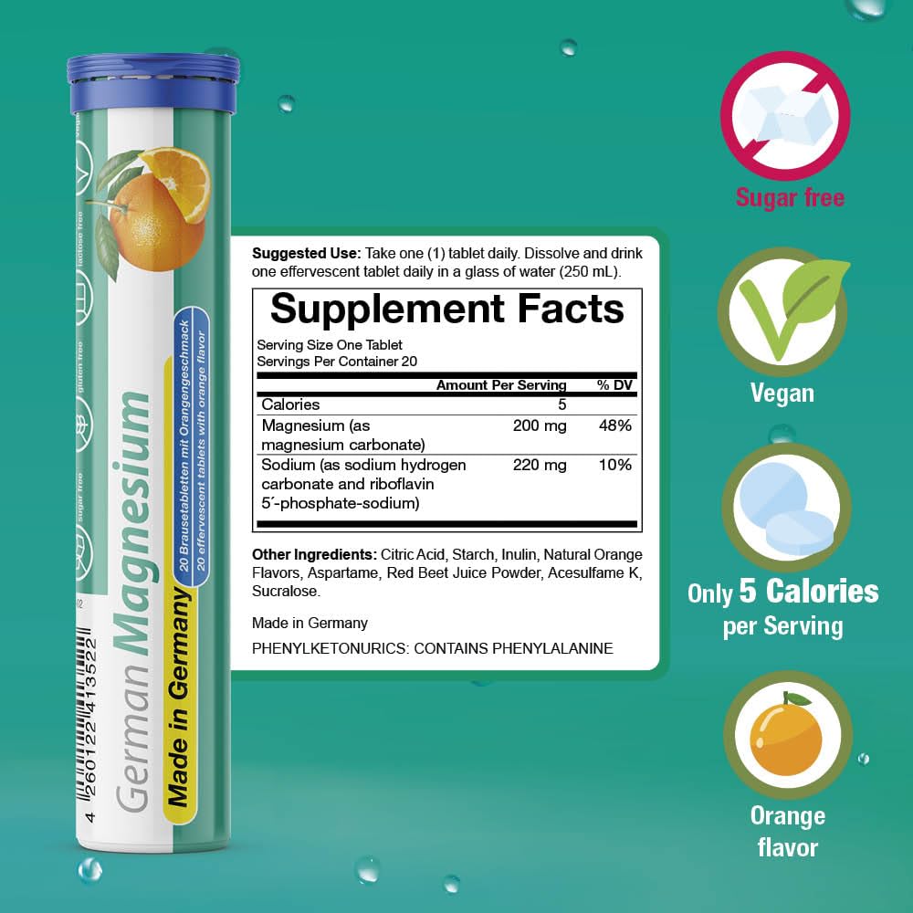 German Magnesium Oxide Supplement | Effervescent Tablets | Orange Flavor – 200 mg Magnesium per Serving | Sugar Free, Vegan – T&D Pharma – Made in Germany — Amazon image 3