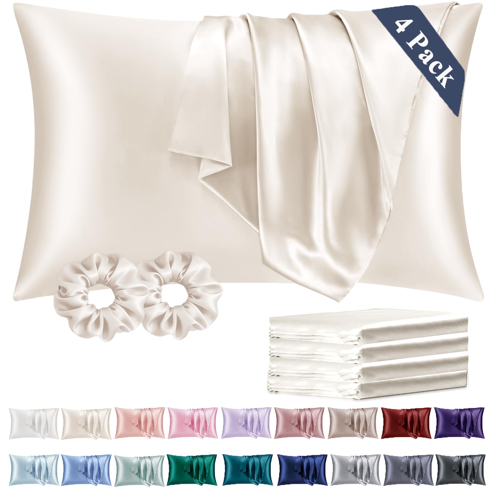 Vielit Queen Satin Pillowcase for Hair 4 Pack, Similar to Silk Pillow Cases, Easier Care Than Silk Pillowcase, Gifts for Women Men - Beige, 20x30 & Envelope Closure and 2 Satin Scrunchies