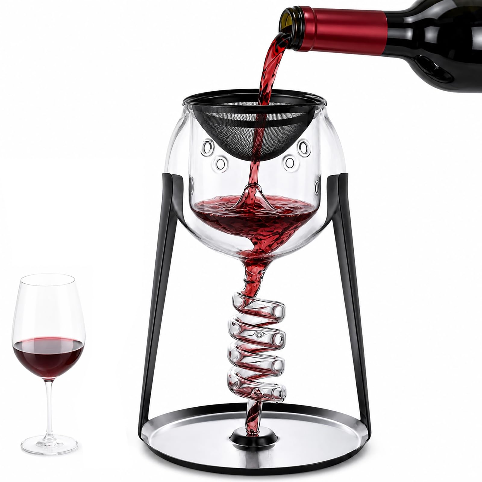 Aérateur de vin en verre, modèle à spirale avec filtre et support