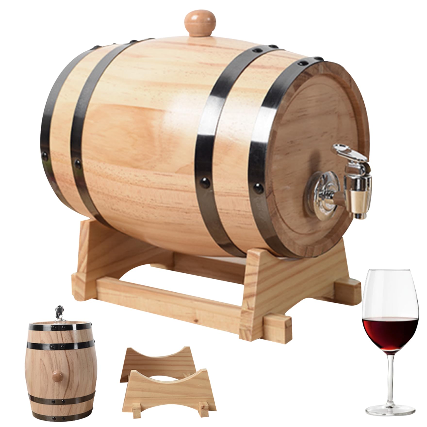Barril de envejecimiento de roble, mini barriles de whisky con soporte de madera, bung & spigot, dispensador de barril de whisky de 1 litro, muestra de decoración y almacenamiento de la mesa de la ca