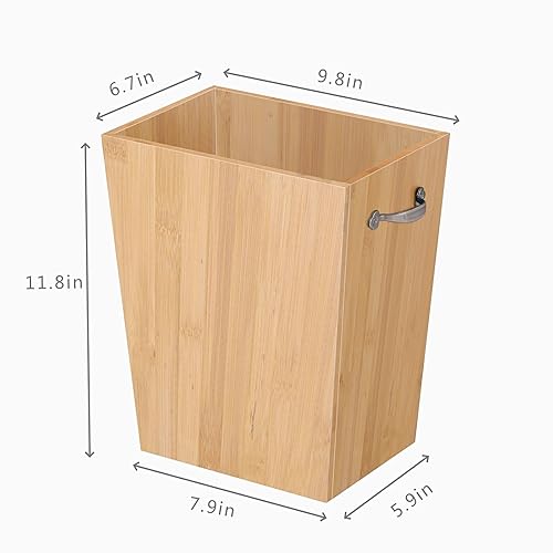 Miniatura 2 de MOOACE Cesta de basura de bambú, pequeño cubo de basura rectangular con asas de metal, cubo de basura de bambú para dormitorio, baño, oficina,