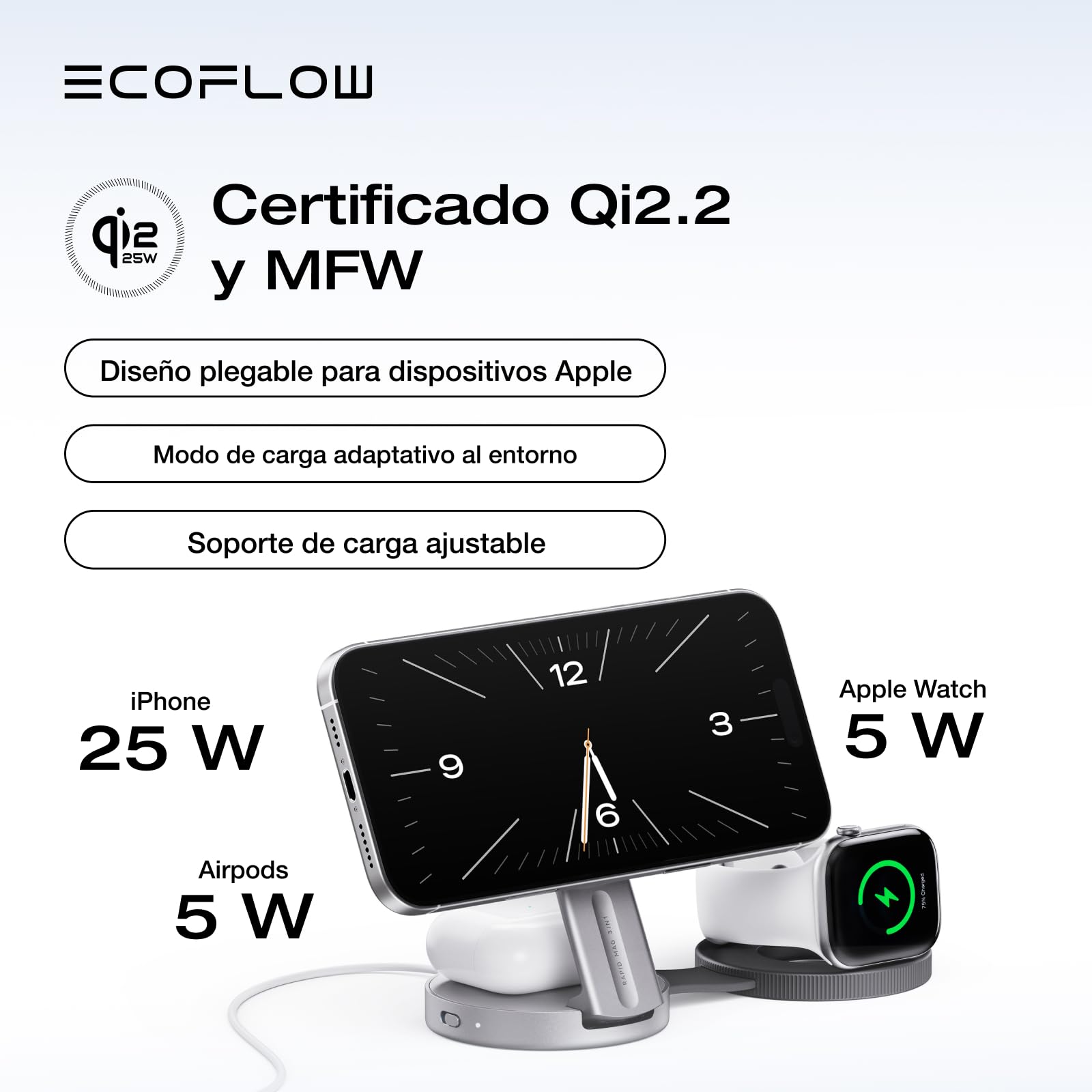 EcoFlow Qi2.2 Magnético Estación de Carga de 25W con Soporte Plegable, estación de Carga inalámbrica para iPhone 17/16/15/14 Series, Apple Watch y AirPods, Negro
