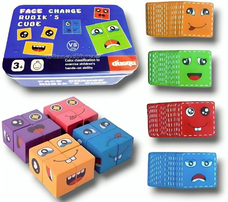 Smiley Face Emoji Cube Face Changing Game for Kids Face Expression Matching Block Puzzle Toy with Bell Preschool Educational Learning Memory Building Board Games