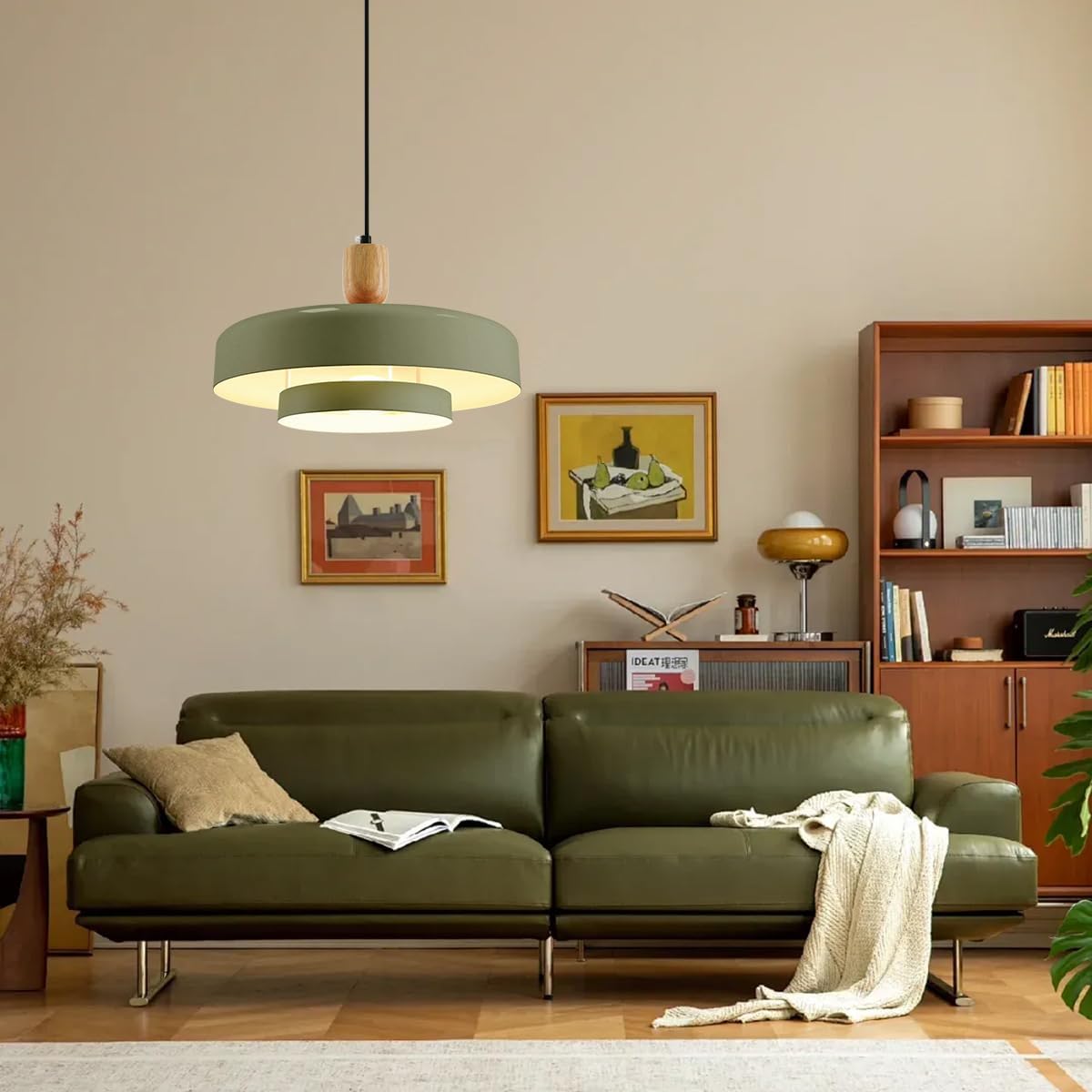 Olive Green Industrial Pendant Light Mid Century Chandelier Vintage 1-Light Hanging Fixture with Wood Accent 180cm Adjustable Cord E26 Base for Kitchen Island Bar Dining Room